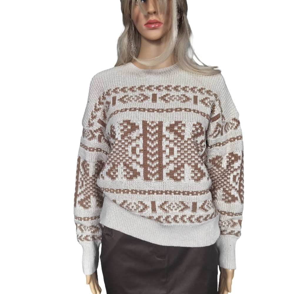Frye Cream and Brown Geometric Sweater Size XS NWT